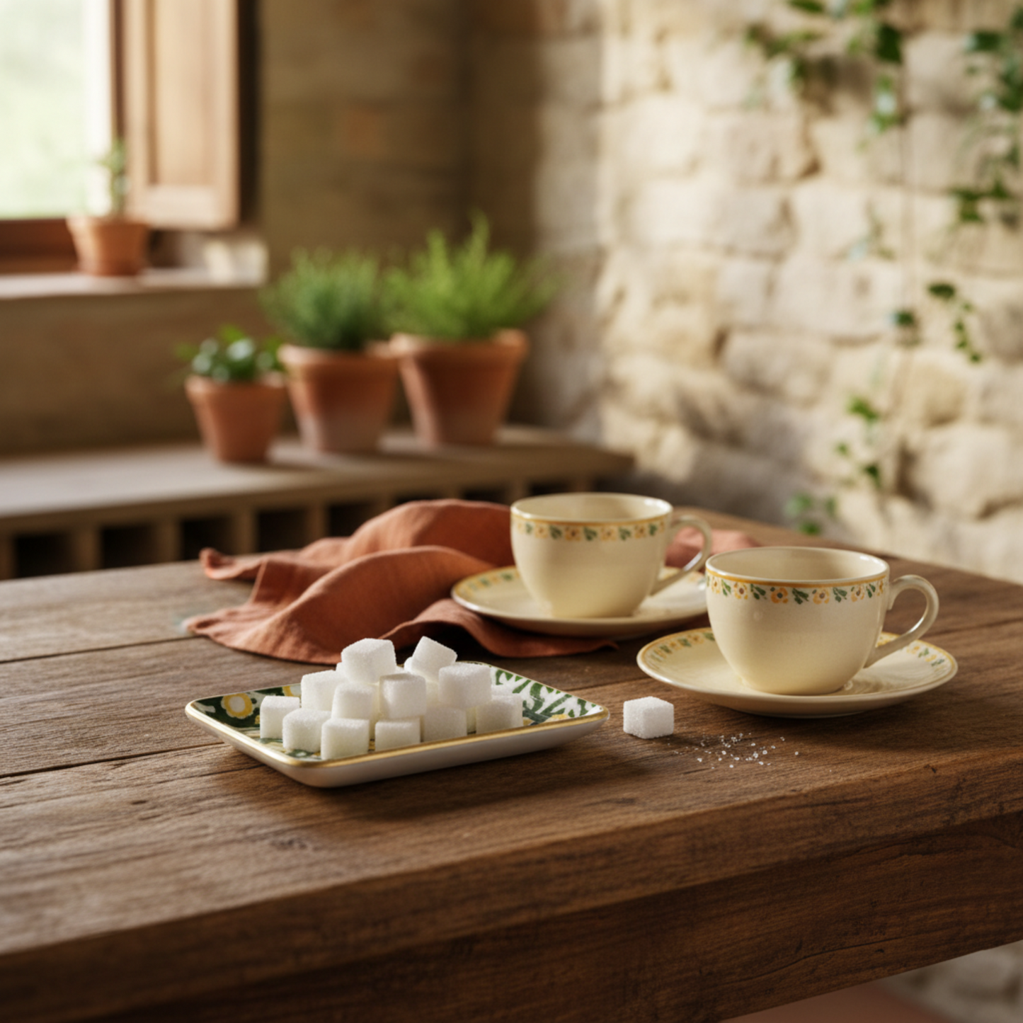 Bandeja verde con azucarillos y tazas de té