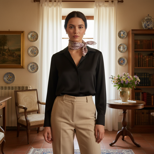 Chica en casa de Parma con pañuelo Parma estilo parisino