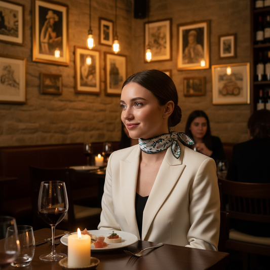 Chica en restaurante de Perugia con pañuelo Perugia