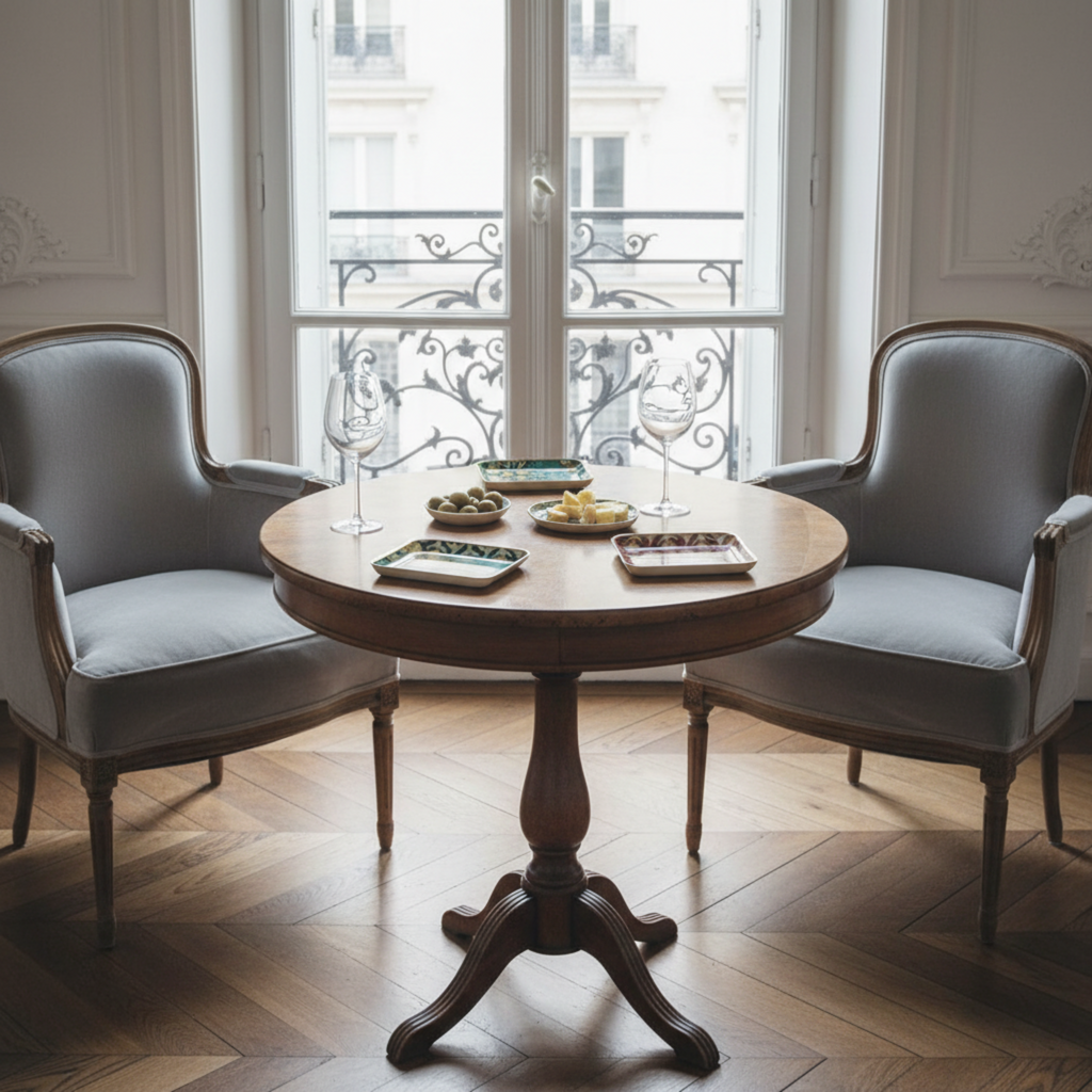 4 bandejas en mesa redonda con sillones parisinos