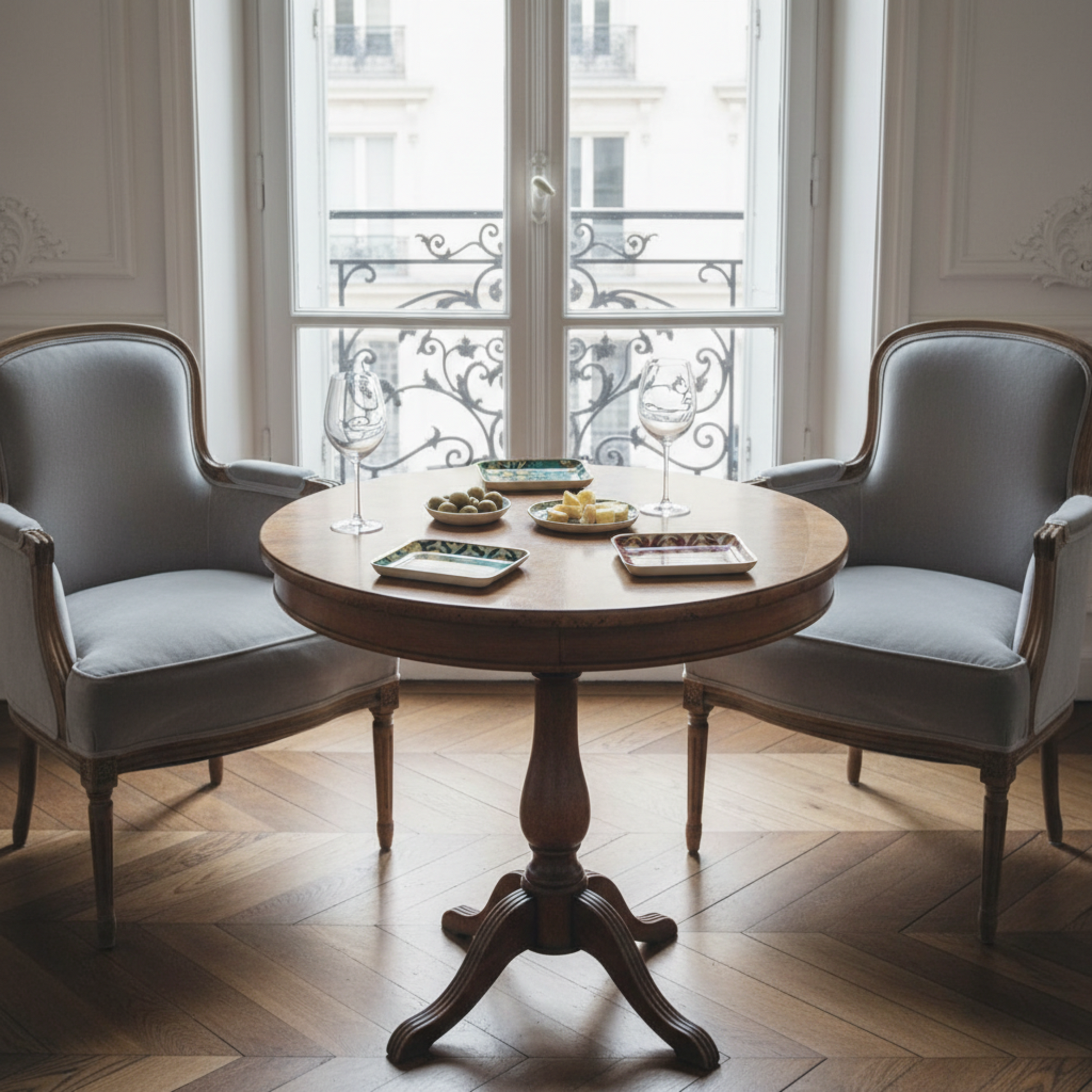 4 bandejas en mesa redonda con sillones parisinos