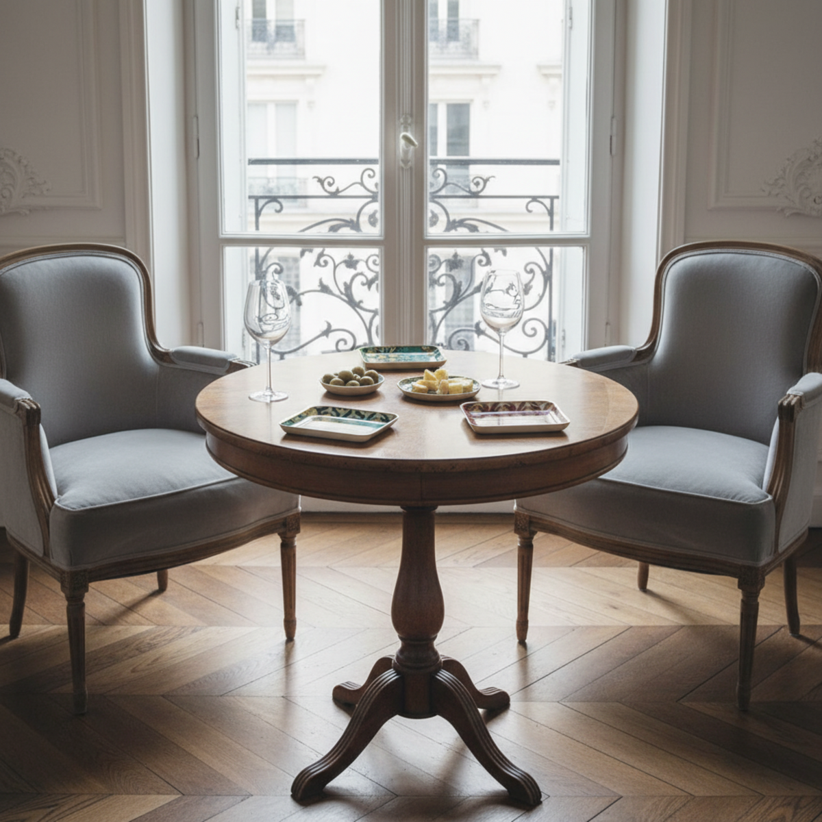 4 bandejas en mesa redonda con sillones parisinos
