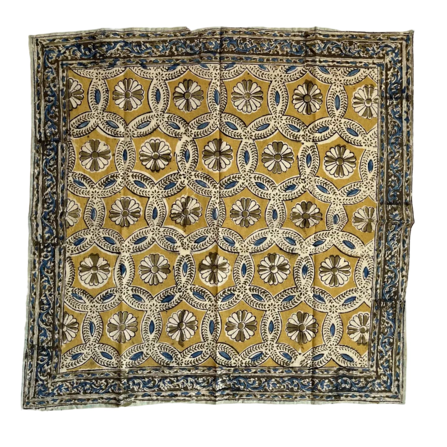 Pañuelo Yamuna - Kalamkari geométrico dorado mostaza