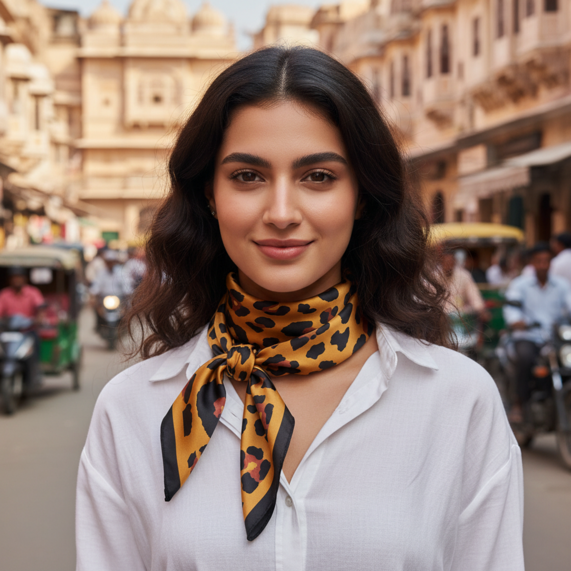 Chica con camisa blanca y pañuelo de leopardo en Jaipur