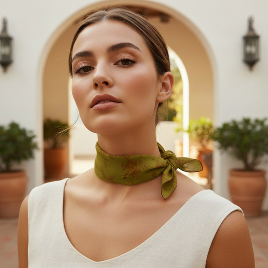 Chica con pañuelo floral fondo verdoso