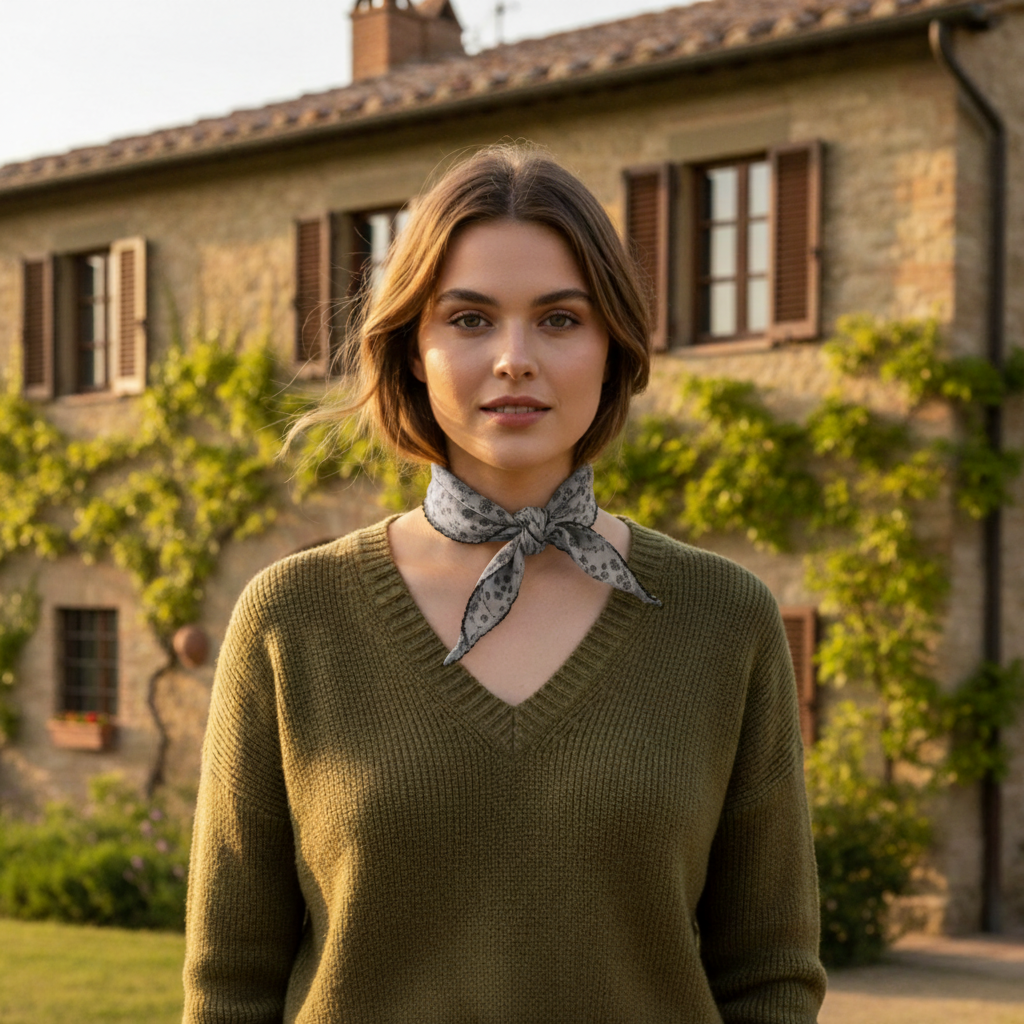 Chica con pañuelo floral pequeño y suéter verde oliva