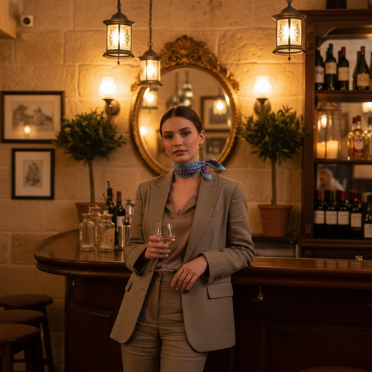 Chica en bar de Malta con pañuelo Malta ajustado