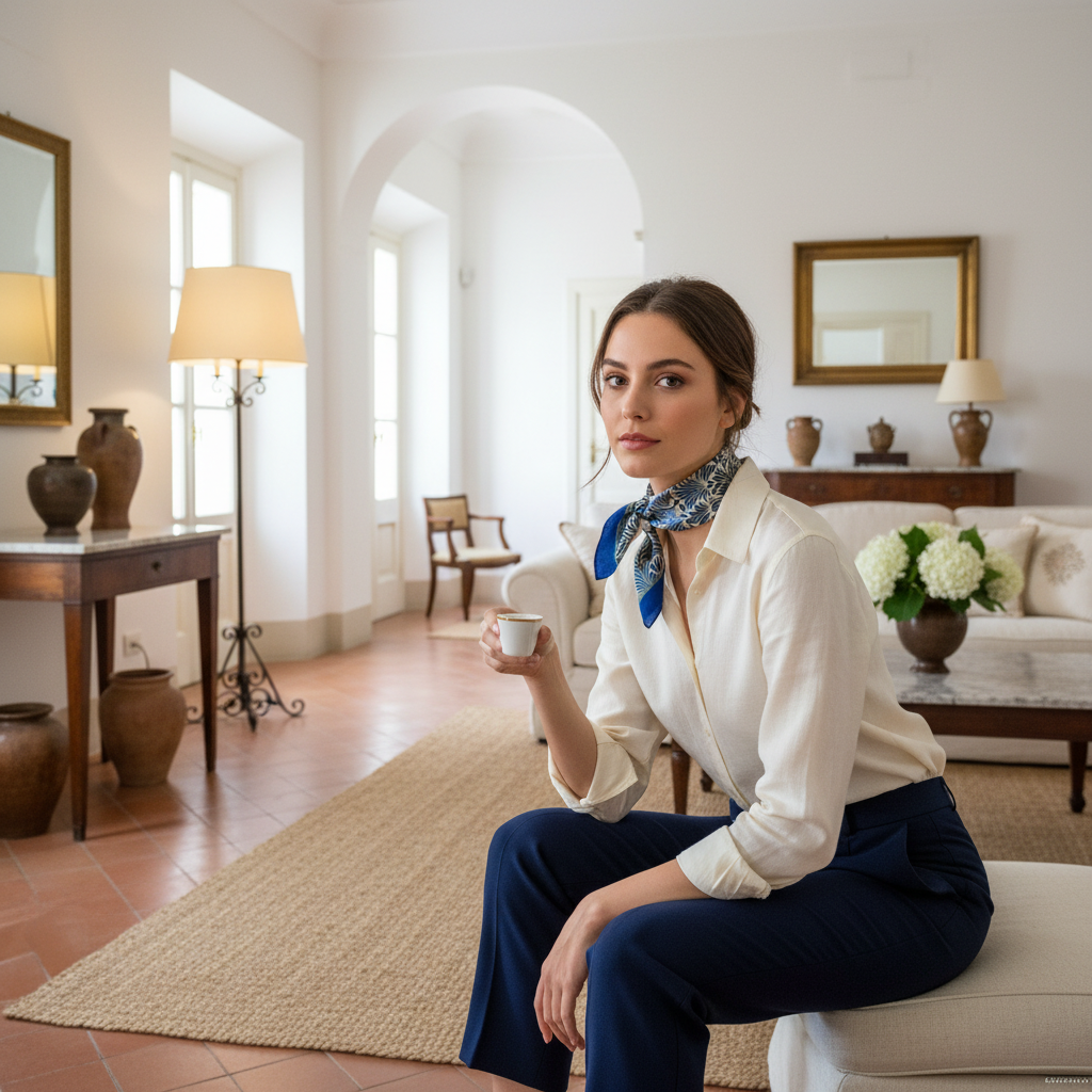 Chica en casa de Bari con pañuelo Bari estilo parisino