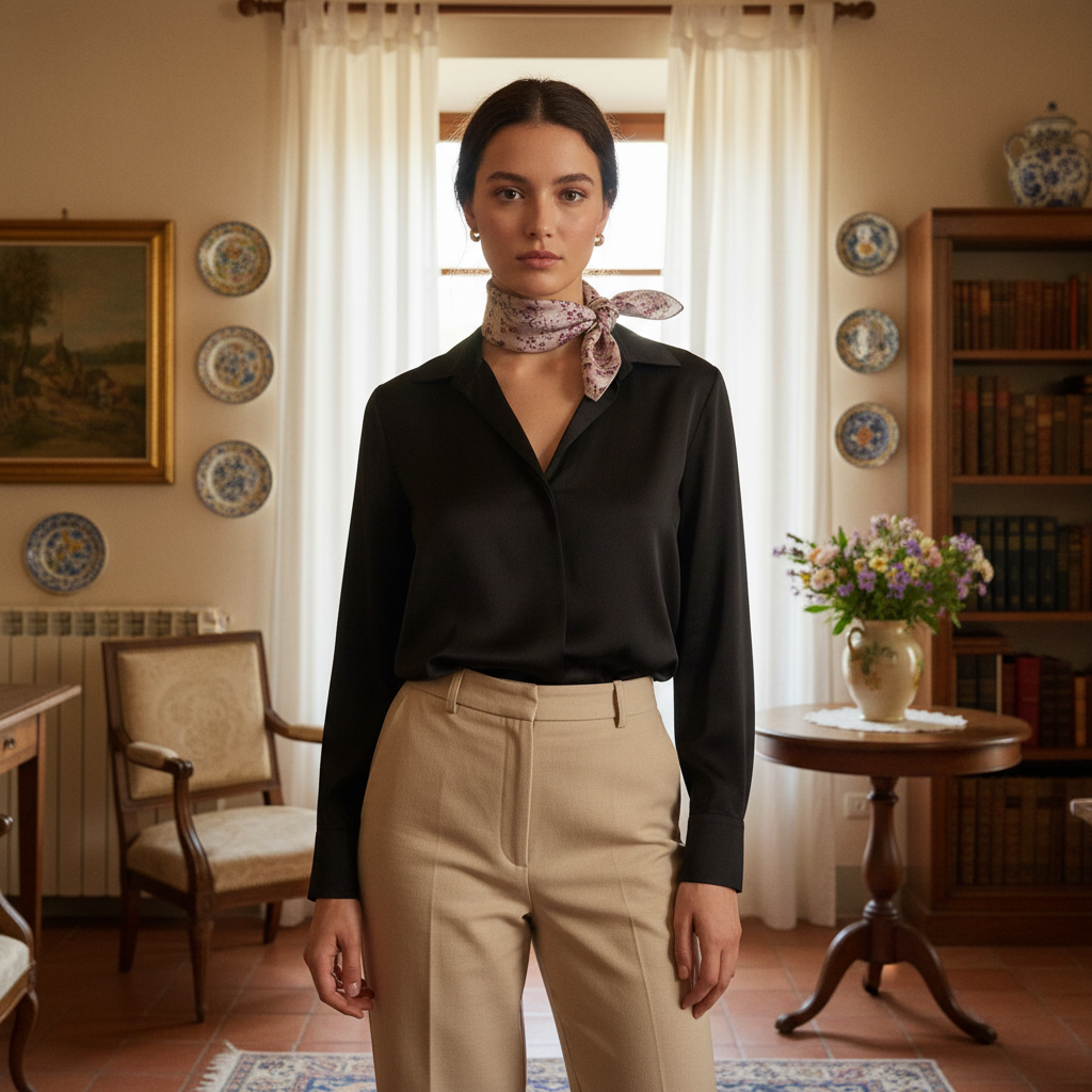 Chica en casa de Parma con pañuelo Parma estilo parisino