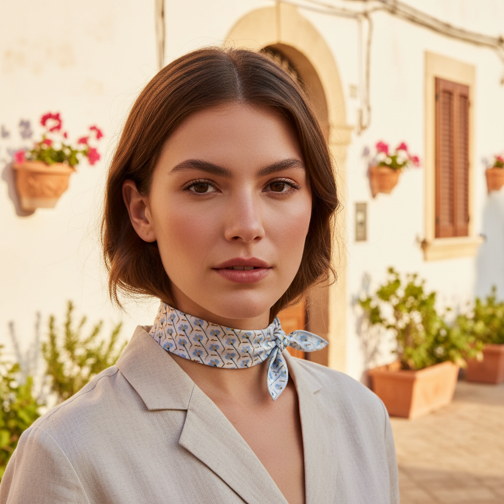 Chica en Mirto con pañuelo Mirto - nudo dos picos primer plano