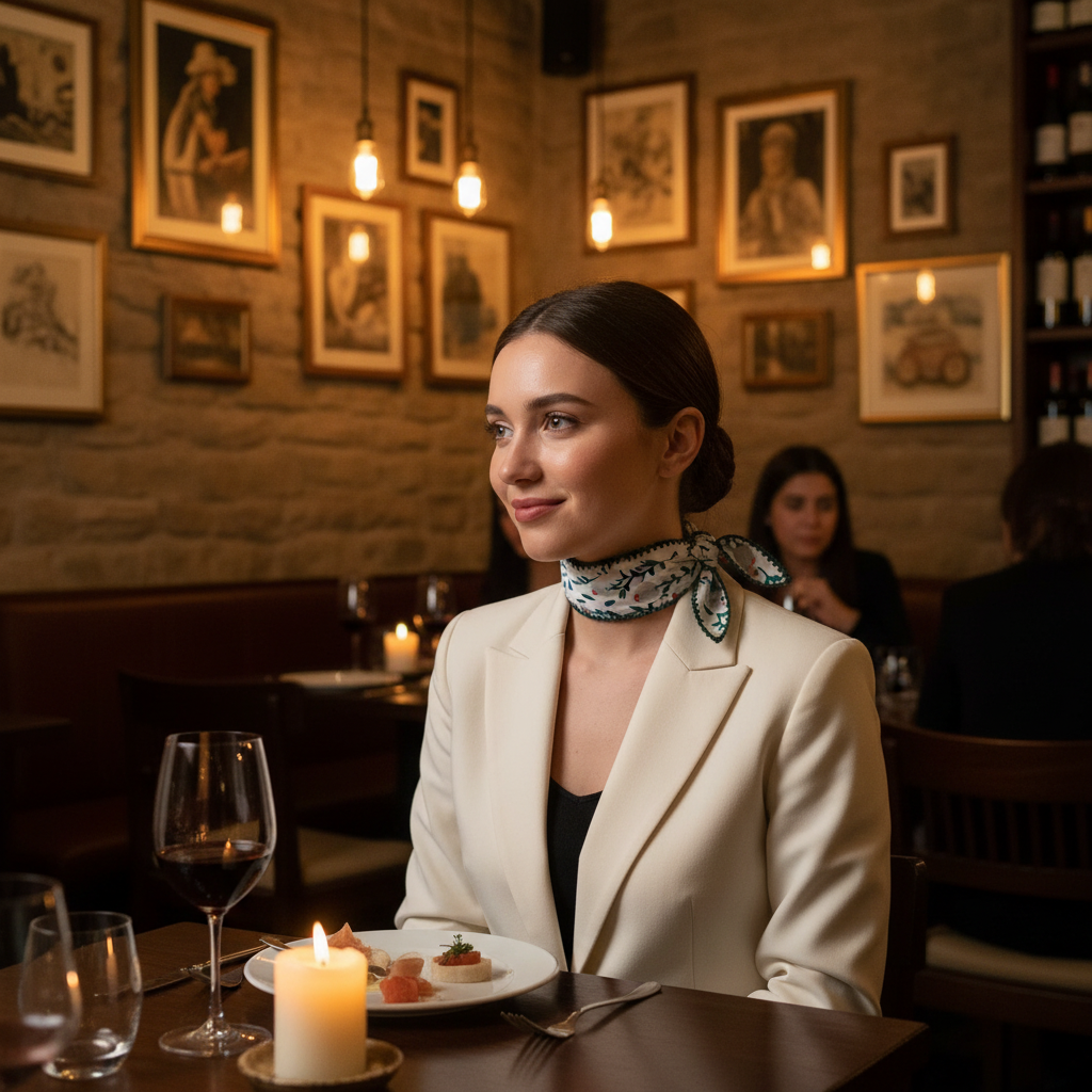 Chica en restaurante de Perugia con pañuelo Perugia