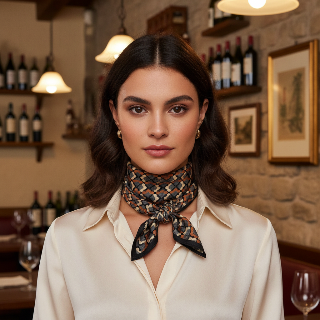 Chica en restaurante en Pisa con pañuelo Pisa Café