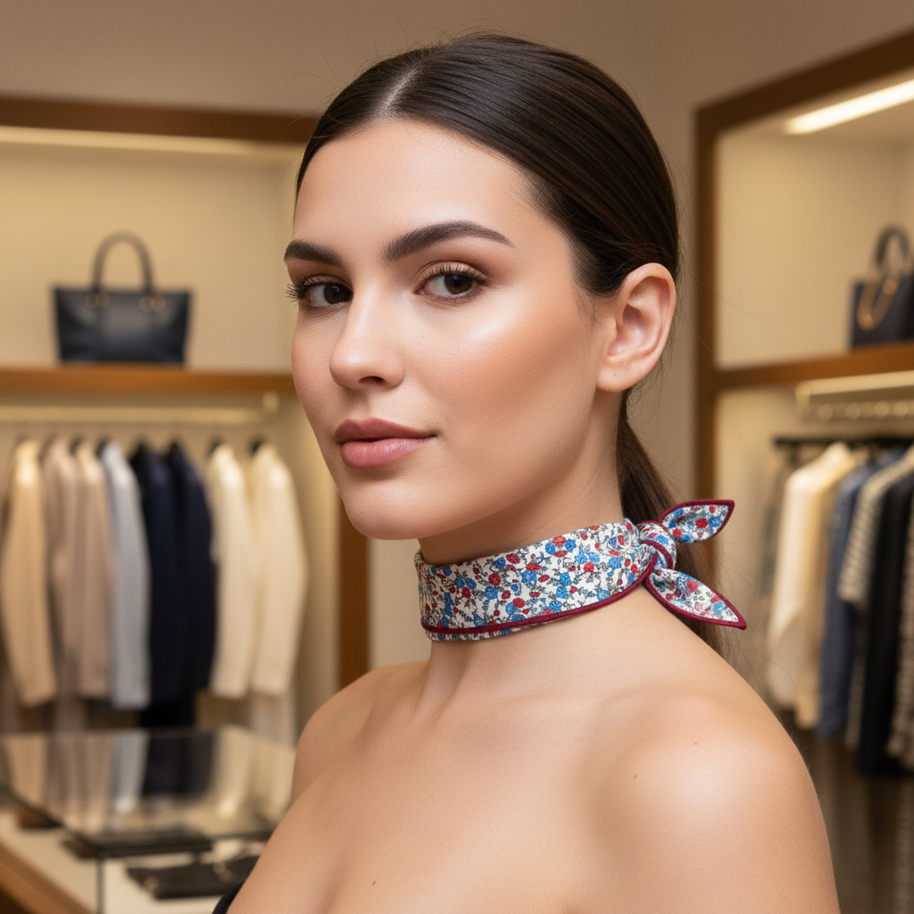 Chica en tienda de Cosenza con pañuelo Cosenza - nudo un pico