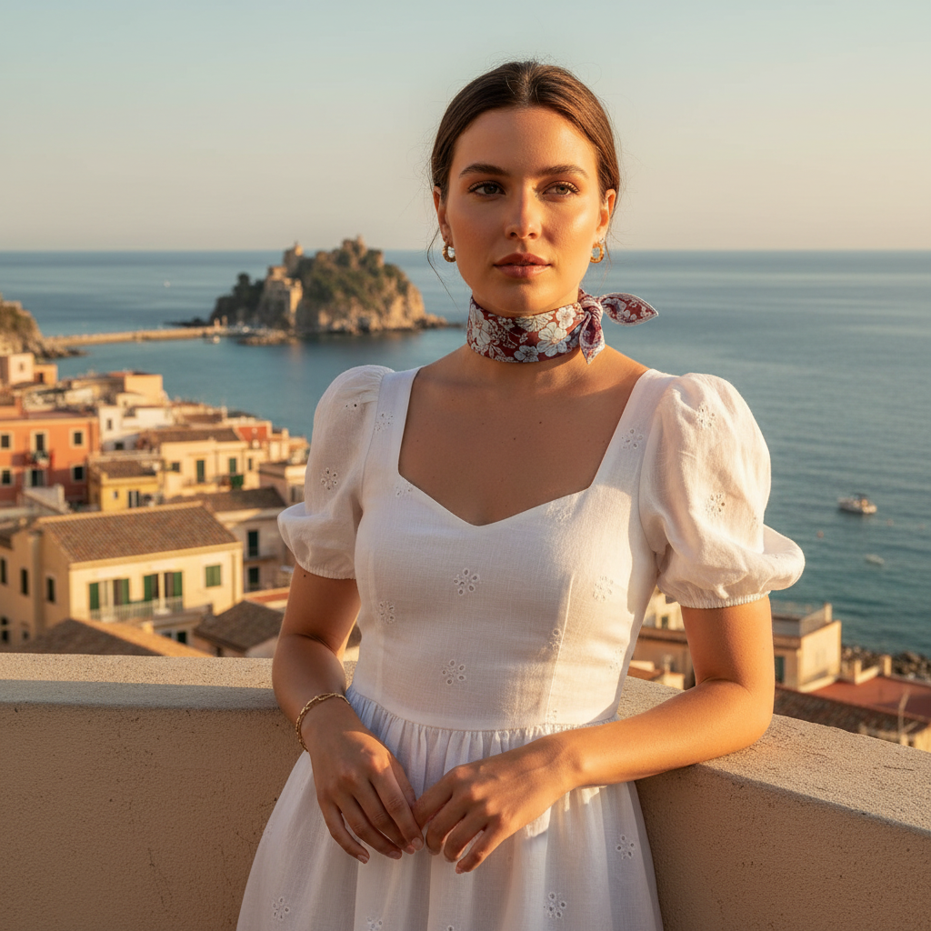 Chica en Tropea con pañuelo Tropea ajustado