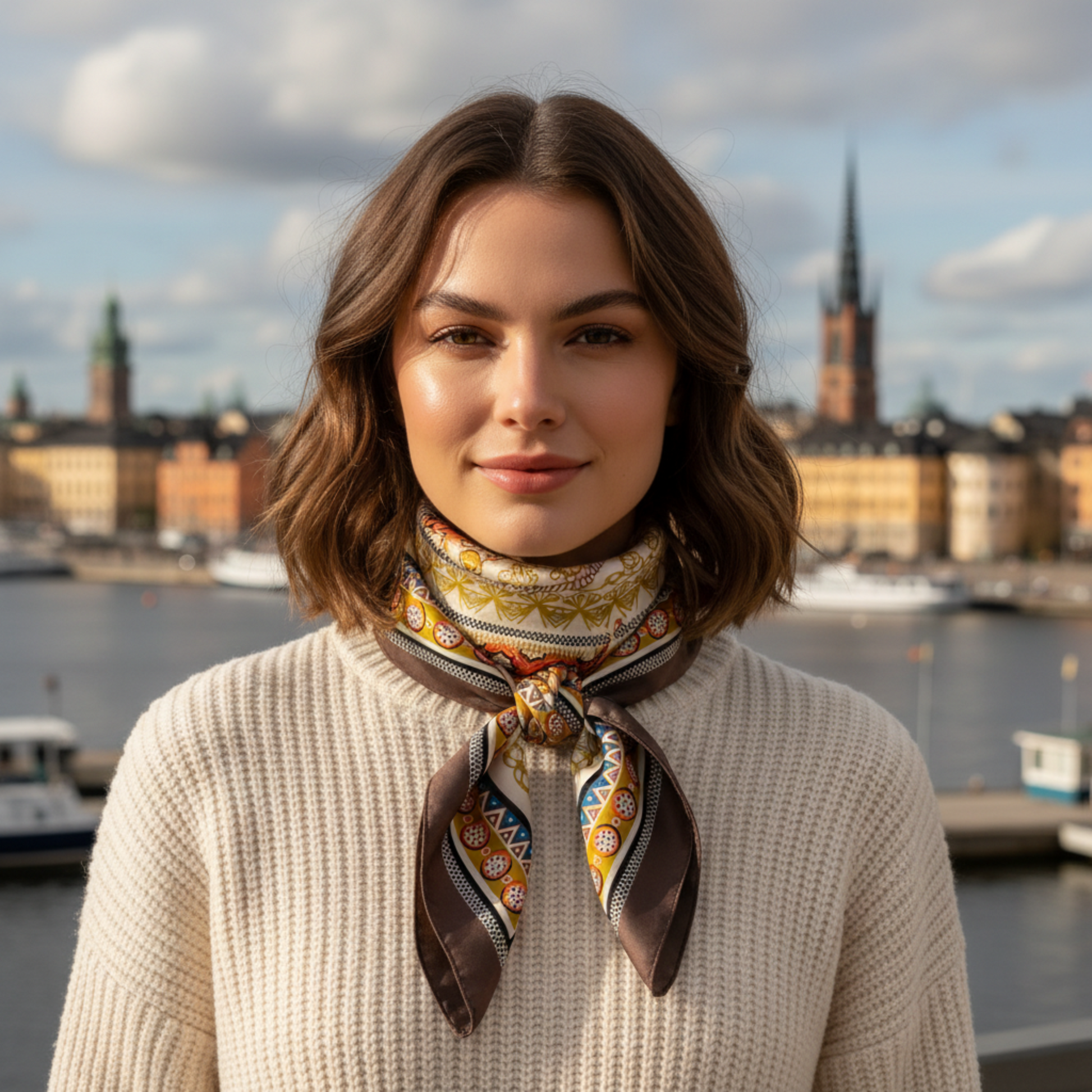 Chica joven con pañuelo de seda ajustado en Estocolmo