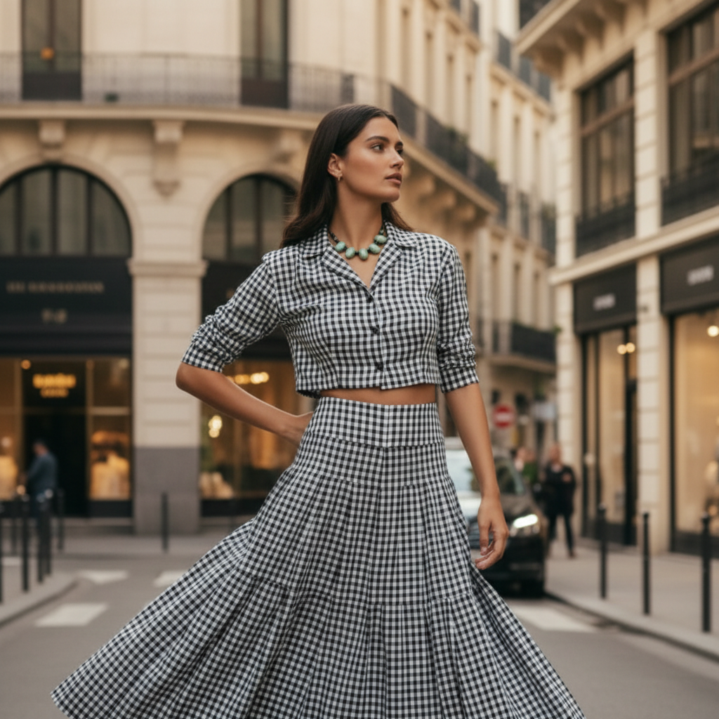 Modelo con falda vichy y gargantilla