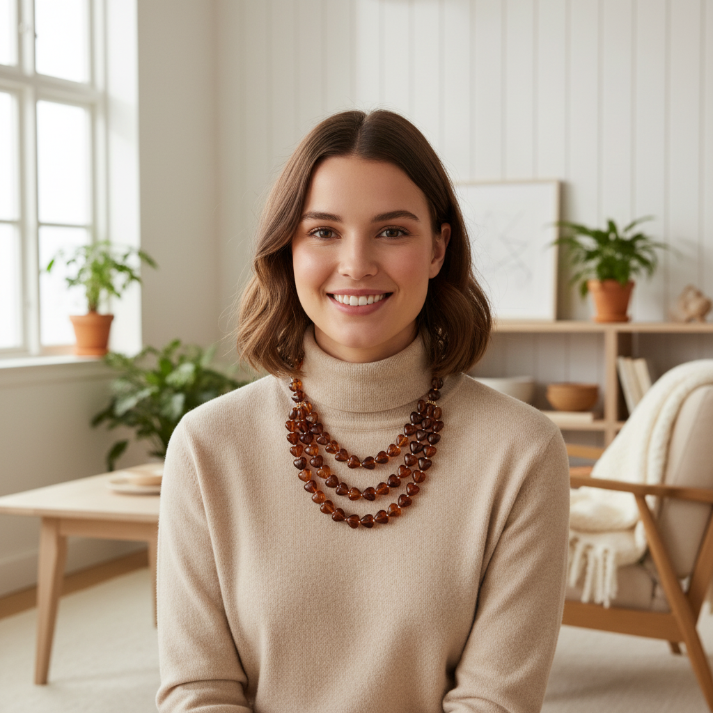 Mujer con Collar Corazones Ámbar - tres vueltas visibles y suéter claro