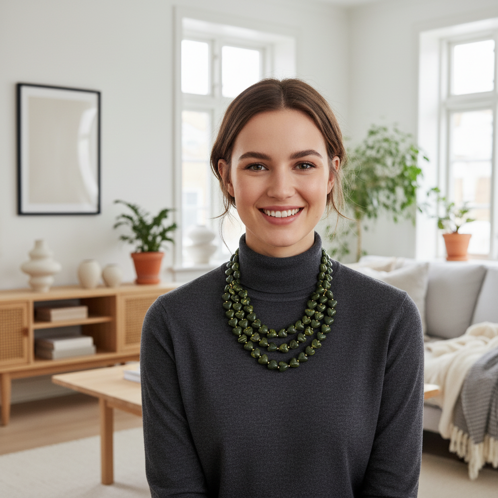 Mujer con Collar Corazones Oliva - collar pequeño y cuello simple