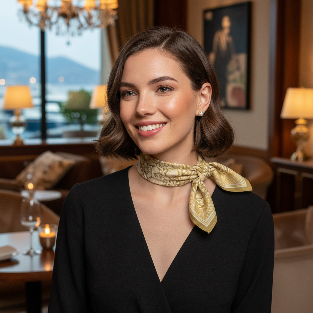 Mujer con Pañuelo Mónaco Mostaza - algodón mate