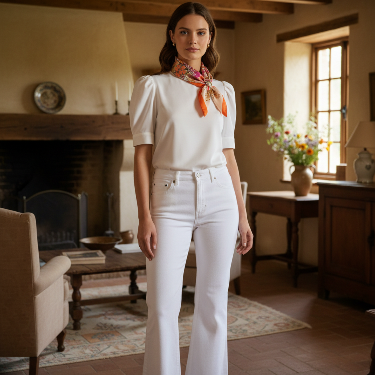 Mujer con pañuelo parisino con nudo lateral