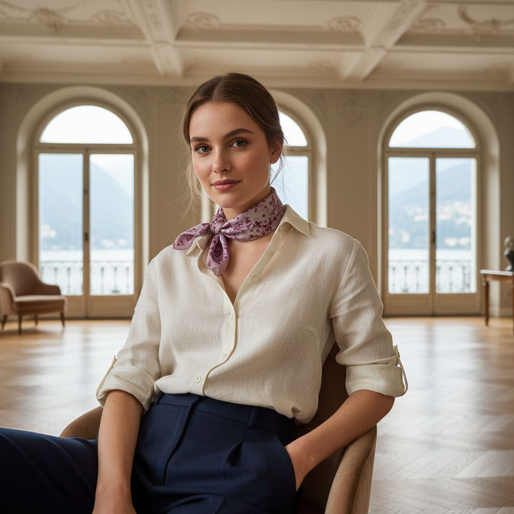 Pañuelo Lecco con flores rosas y chica joven